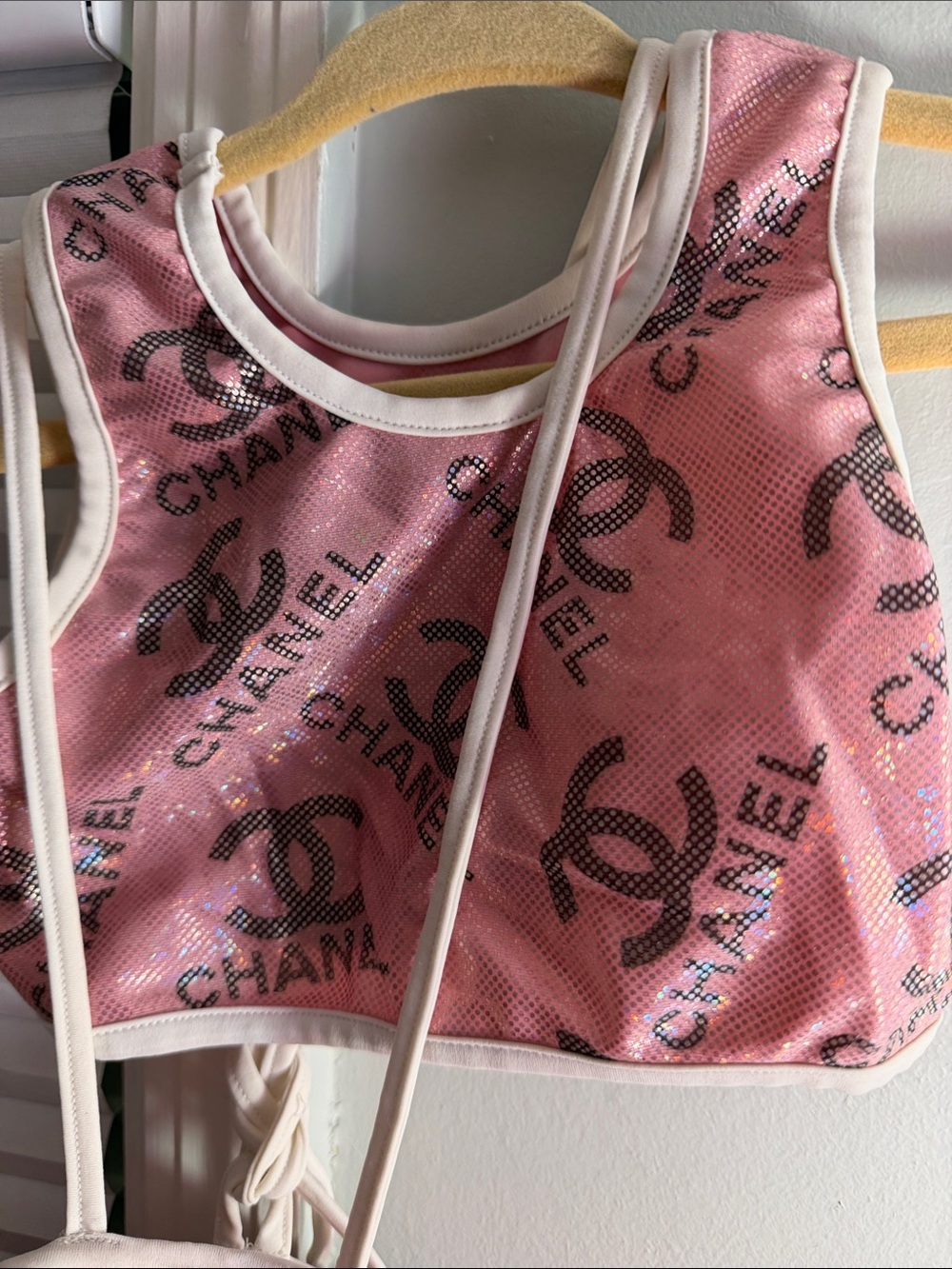 Kids CHANEL Pink Sequin Logo Crop Top tutu bikini with White Trim